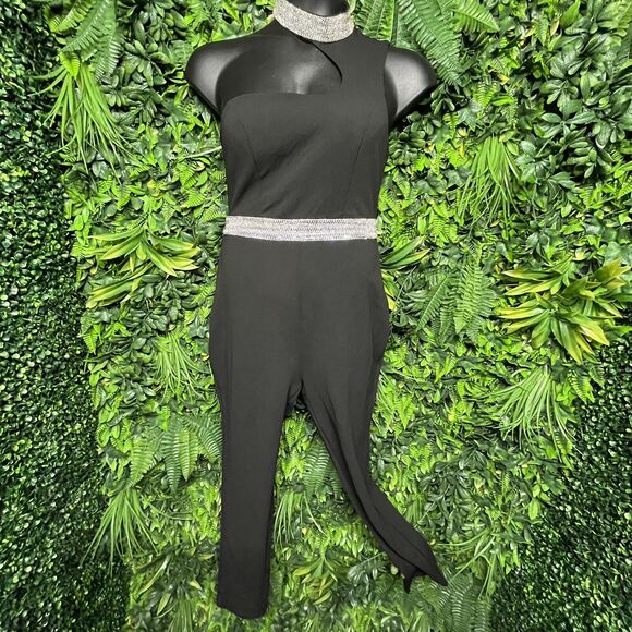 Women Jumpsuit Large Black Pants High Neckline Stoned Accent Fitted Ipoe 1710 - Picture 2 of 8